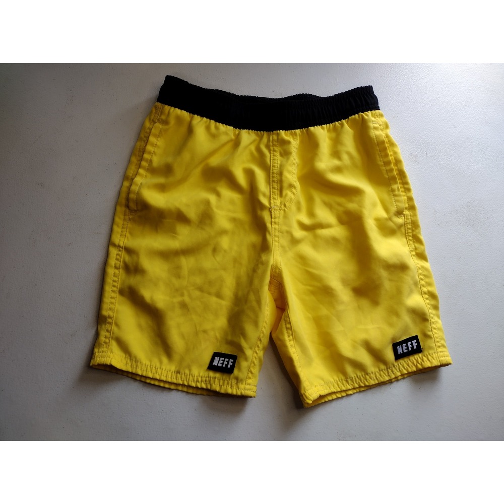Neff‎ Boys Yellow Black Elastic Waist Mesh Lined Swim Trunks Board Shorts Small
